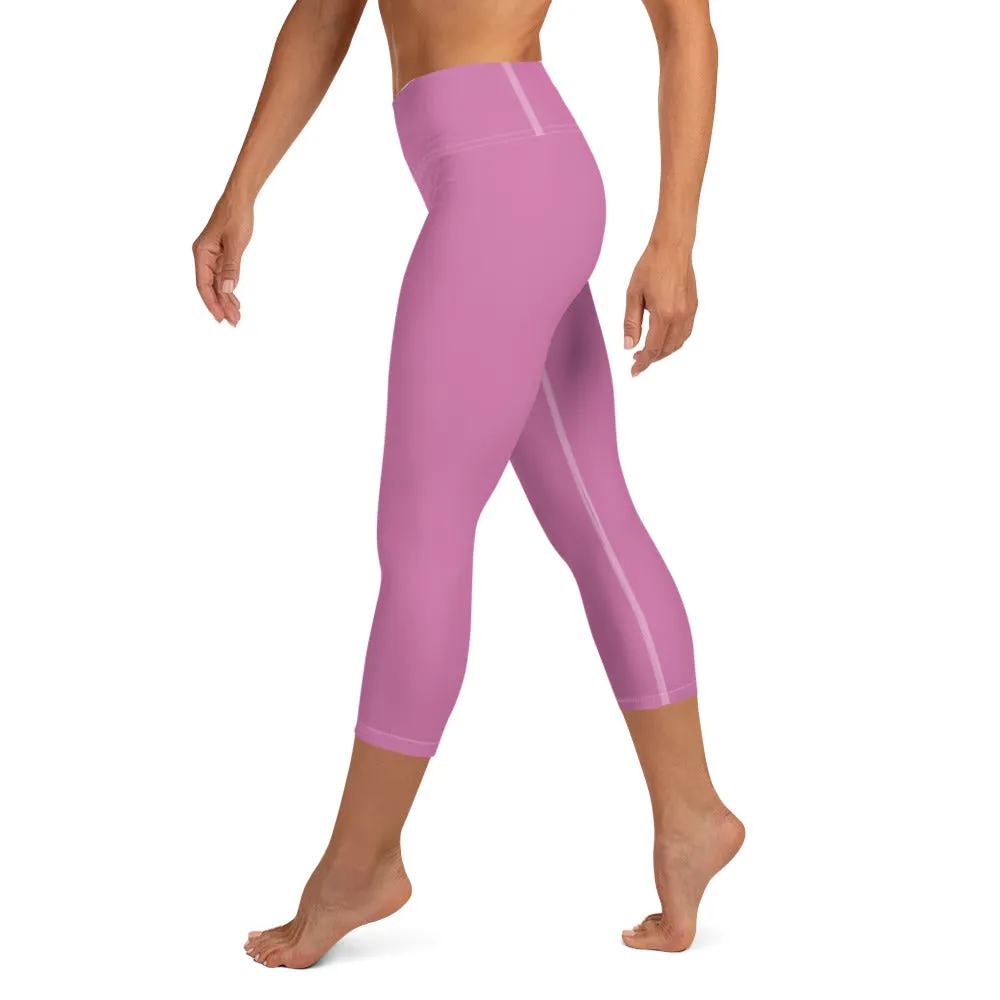 Light Pink Bridesmaid Sports Tights, Bridal Text Print Bridal Party Yoga Capri Leggings Pants-Made in USA