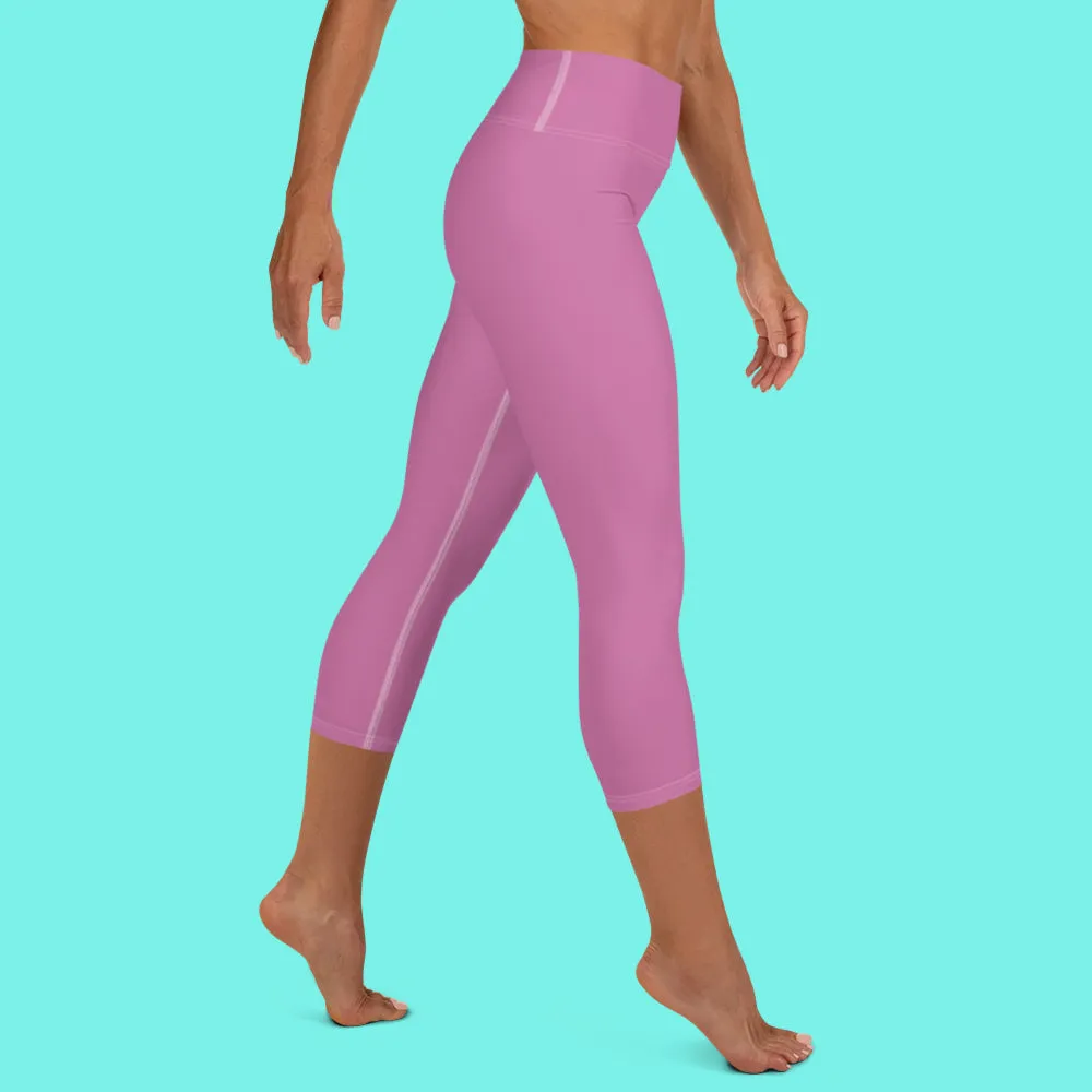 Light Pink Bridesmaid Sports Tights, Bridal Text Print Bridal Party Yoga Capri Leggings Pants-Made in USA