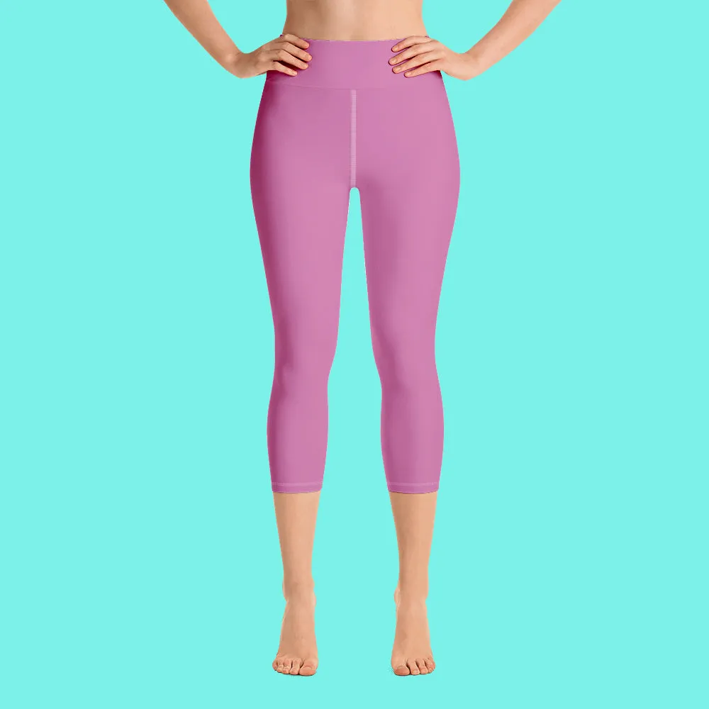 Light Pink Bridesmaid Sports Tights, Bridal Text Print Bridal Party Yoga Capri Leggings Pants-Made in USA