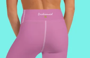 Light Pink Bridesmaid Sports Tights, Bridal Text Print Bridal Party Yoga Capri Leggings Pants-Made in USA