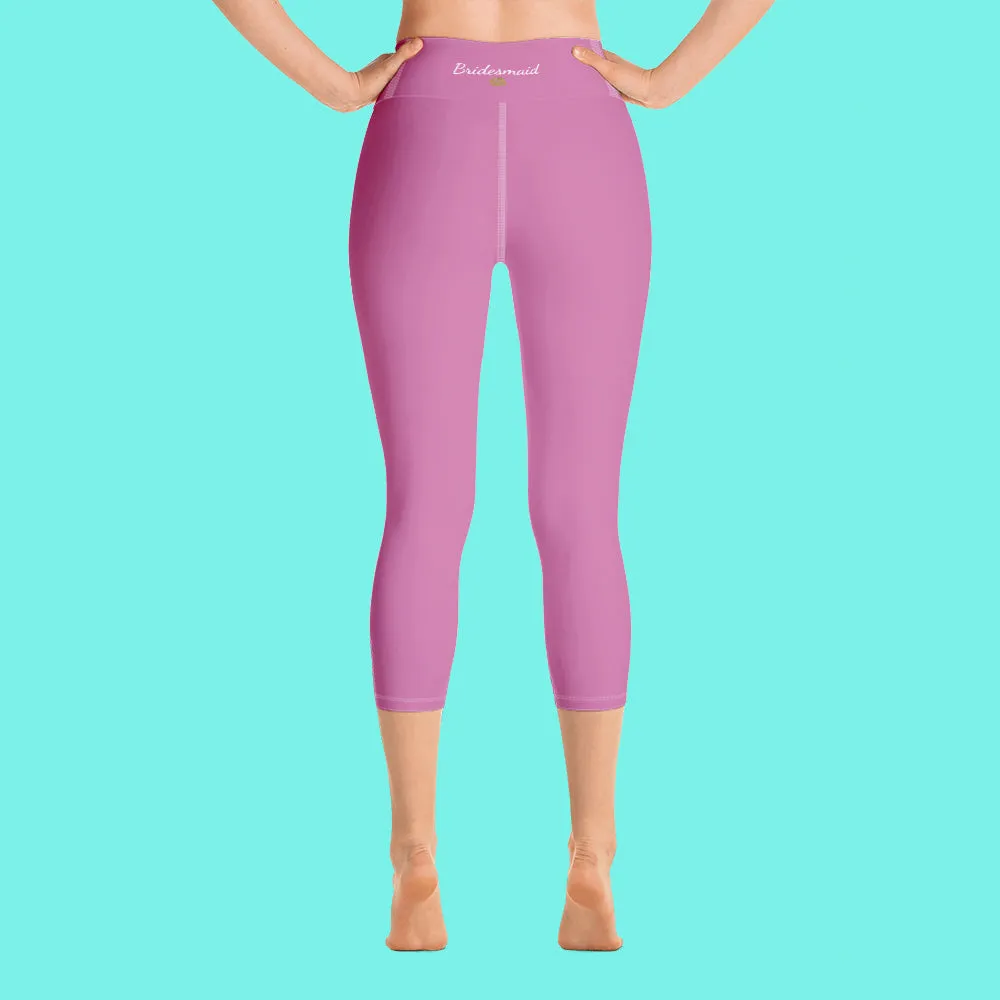 Light Pink Bridesmaid Sports Tights, Bridal Text Print Bridal Party Yoga Capri Leggings Pants-Made in USA