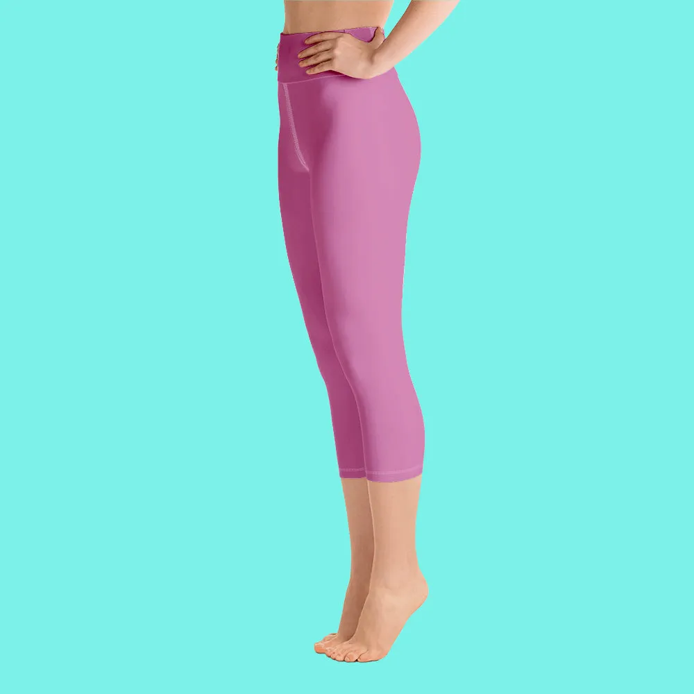 Light Pink Bridesmaid Sports Tights, Bridal Text Print Bridal Party Yoga Capri Leggings Pants-Made in USA