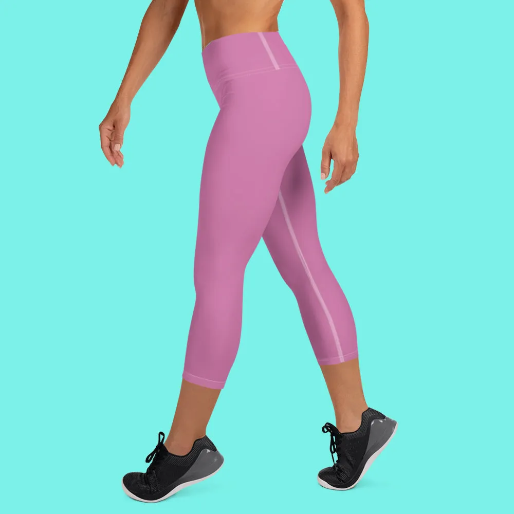 Light Pink Bridesmaid Sports Tights, Bridal Text Print Bridal Party Yoga Capri Leggings Pants-Made in USA