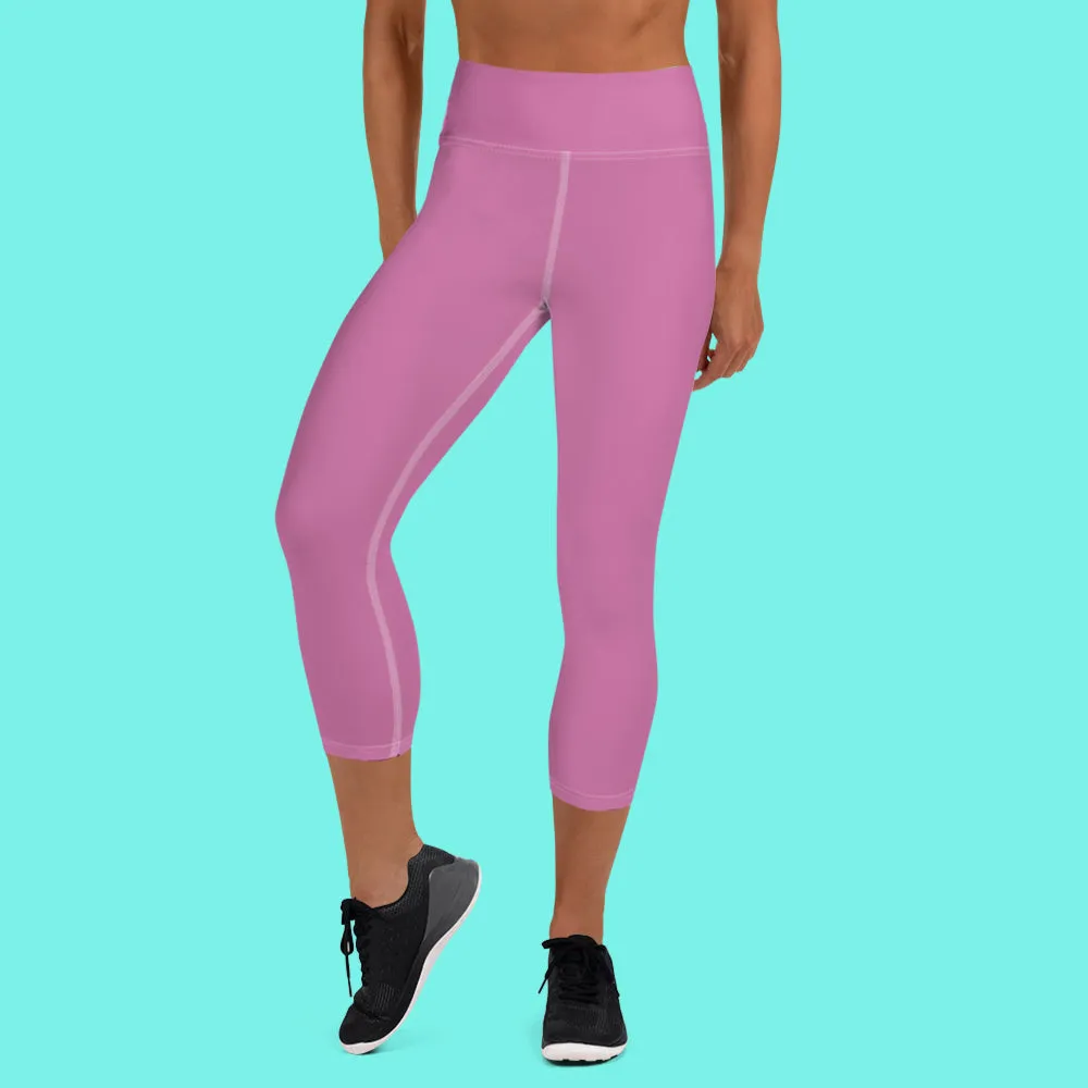 Light Pink Bridesmaid Sports Tights, Bridal Text Print Bridal Party Yoga Capri Leggings Pants-Made in USA