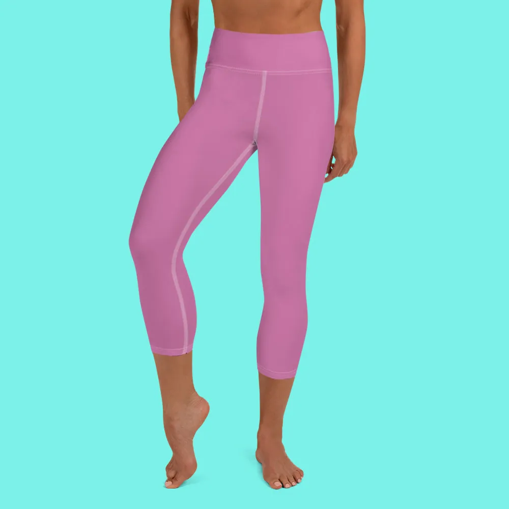 Light Pink Bridesmaid Sports Tights, Bridal Text Print Bridal Party Yoga Capri Leggings Pants-Made in USA