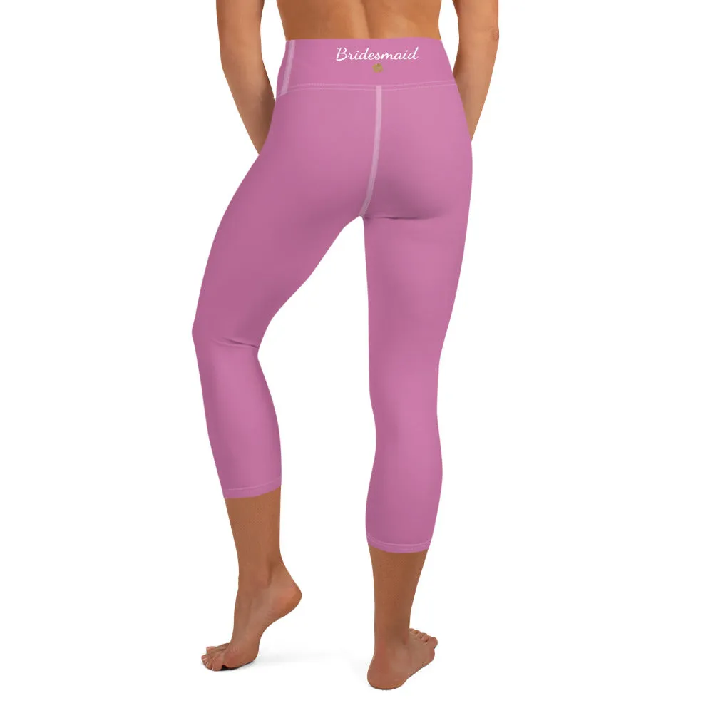 Light Pink Bridesmaid Sports Tights, Bridal Text Print Bridal Party Yoga Capri Leggings Pants-Made in USA
