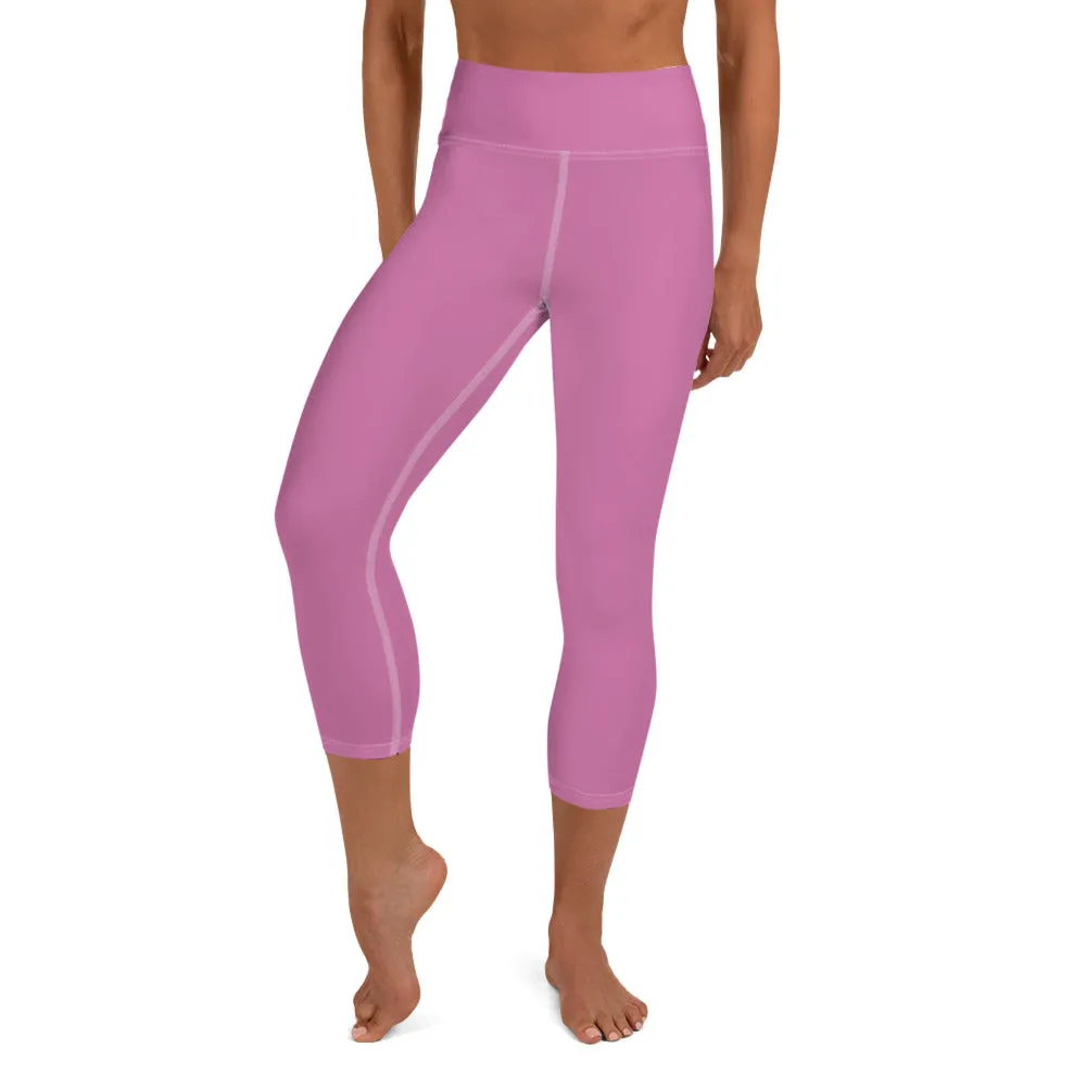 Light Pink Bridesmaid Sports Tights, Bridal Text Print Bridal Party Yoga Capri Leggings Pants-Made in USA