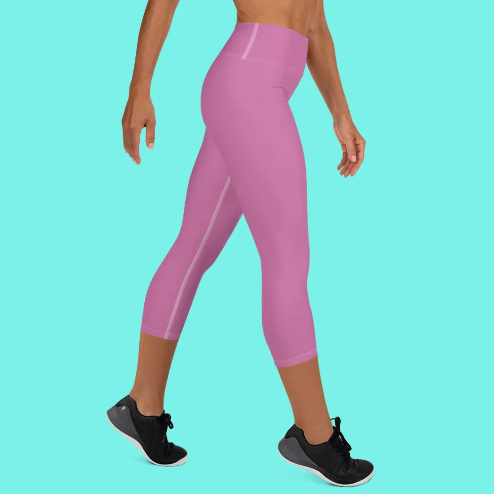 Light Pink Bridesmaid Sports Tights, Bridal Text Print Bridal Party Yoga Capri Leggings Pants-Made in USA