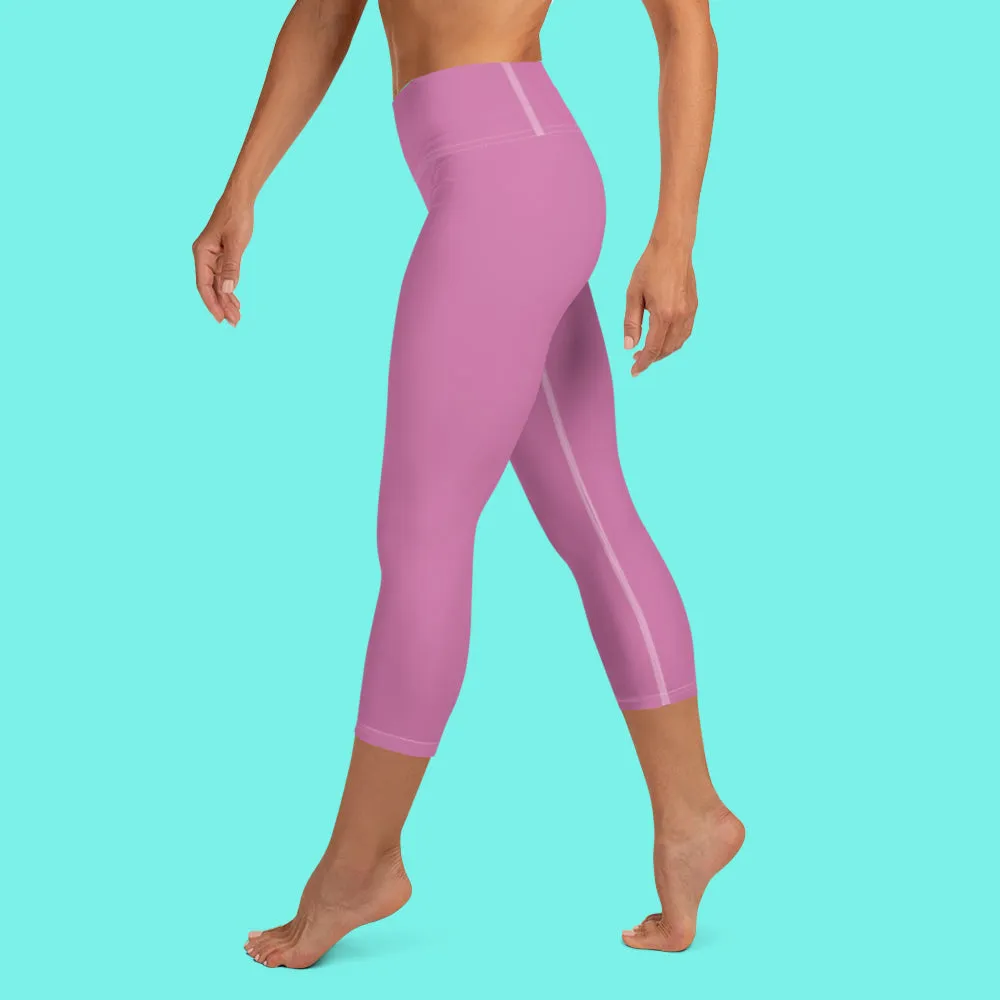 Light Pink Bridesmaid Sports Tights, Bridal Text Print Bridal Party Yoga Capri Leggings Pants-Made in USA