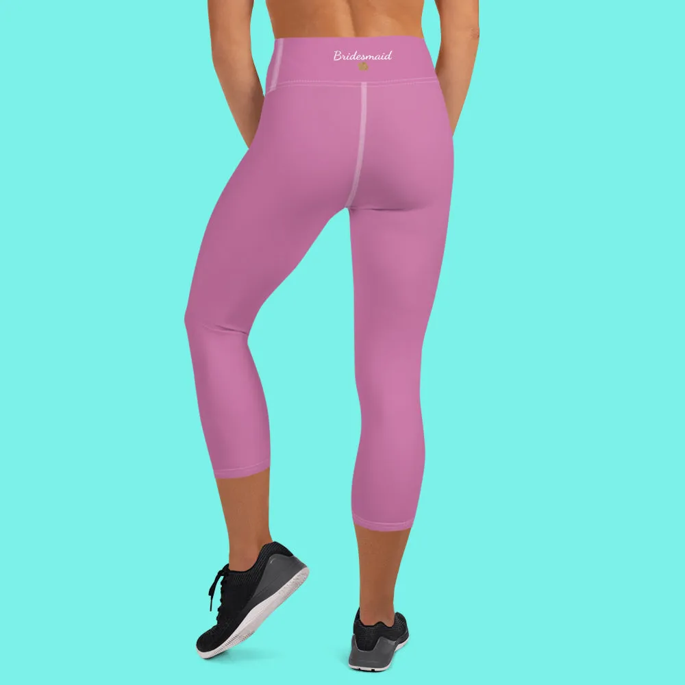 Light Pink Bridesmaid Sports Tights, Bridal Text Print Bridal Party Yoga Capri Leggings Pants-Made in USA