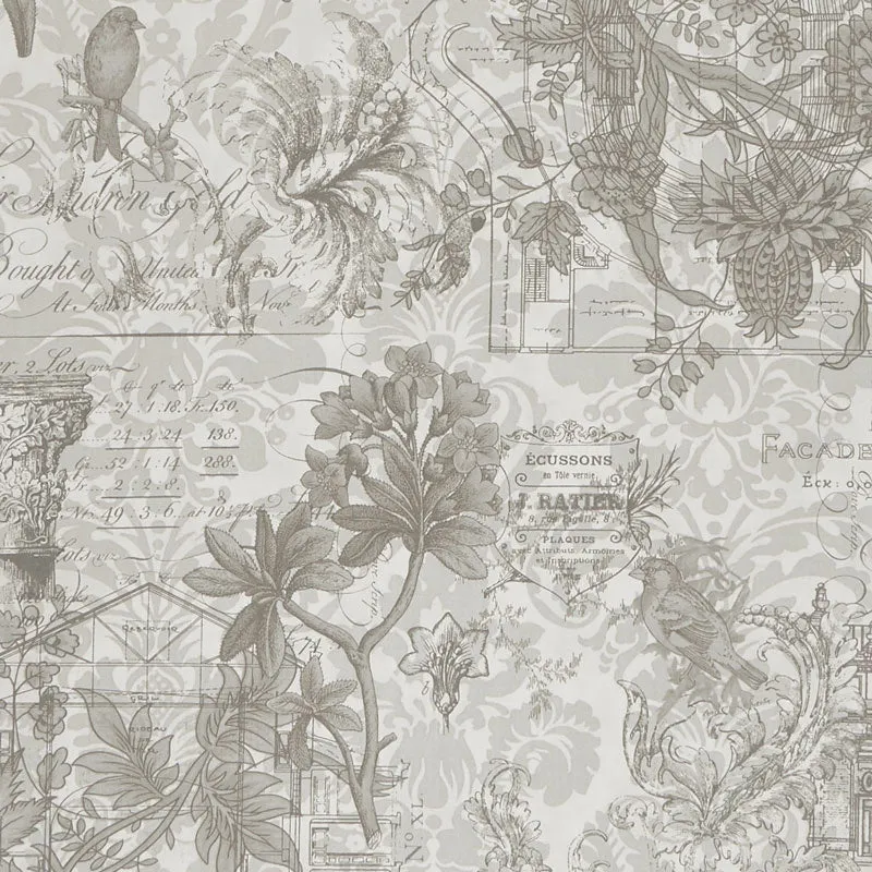 Memoirs - Ephemera Collage Silver Yardage