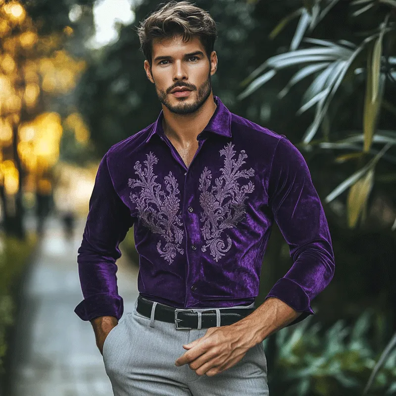 Men's Fashion Embroidery Lapel Long Sleeve Velvet Shirt 73089100Z