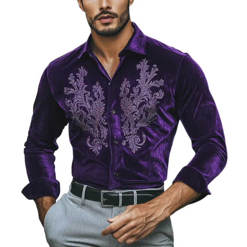 Men's Fashion Embroidery Lapel Long Sleeve Velvet Shirt 73089100Z