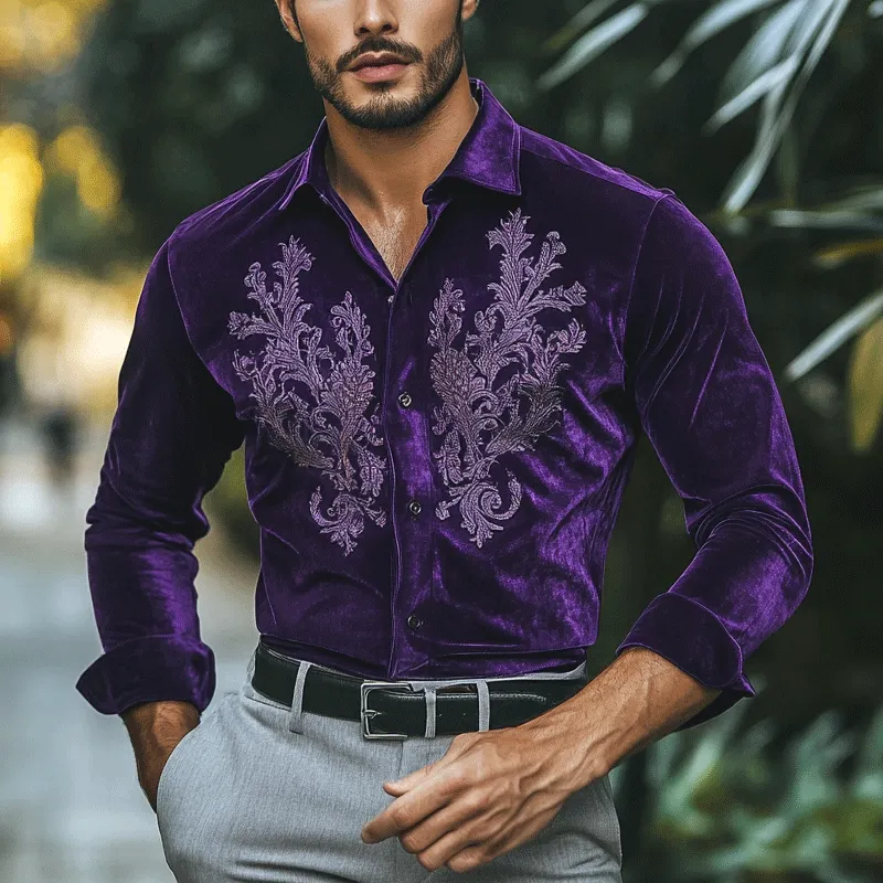 Men's Fashion Embroidery Lapel Long Sleeve Velvet Shirt 73089100Z