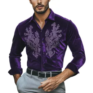Men's Fashion Embroidery Lapel Long Sleeve Velvet Shirt 73089100Z