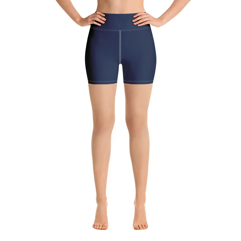Navy Blue Yoga Shorts, Dark Blue Solid Color Best Women's Short Tights-Made in USA/EU