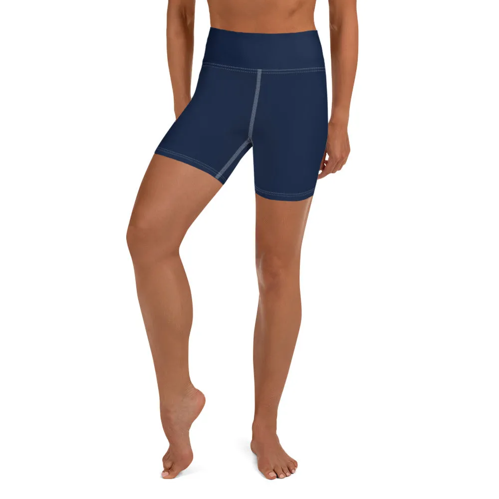 Navy Blue Yoga Shorts, Dark Blue Solid Color Best Women's Short Tights-Made in USA/EU