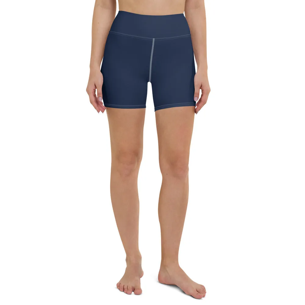 Navy Blue Yoga Shorts, Dark Blue Solid Color Best Women's Short Tights-Made in USA/EU