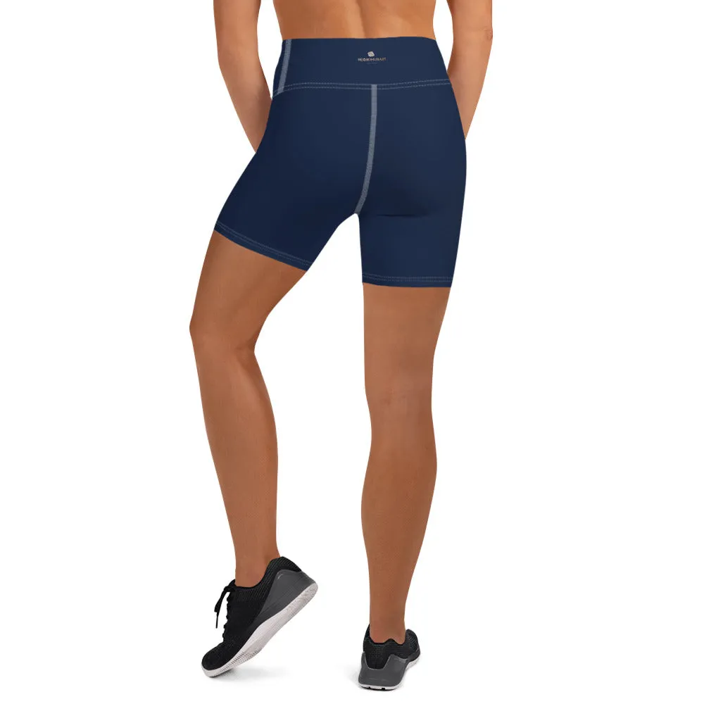 Navy Blue Yoga Shorts, Dark Blue Solid Color Best Women's Short Tights-Made in USA/EU