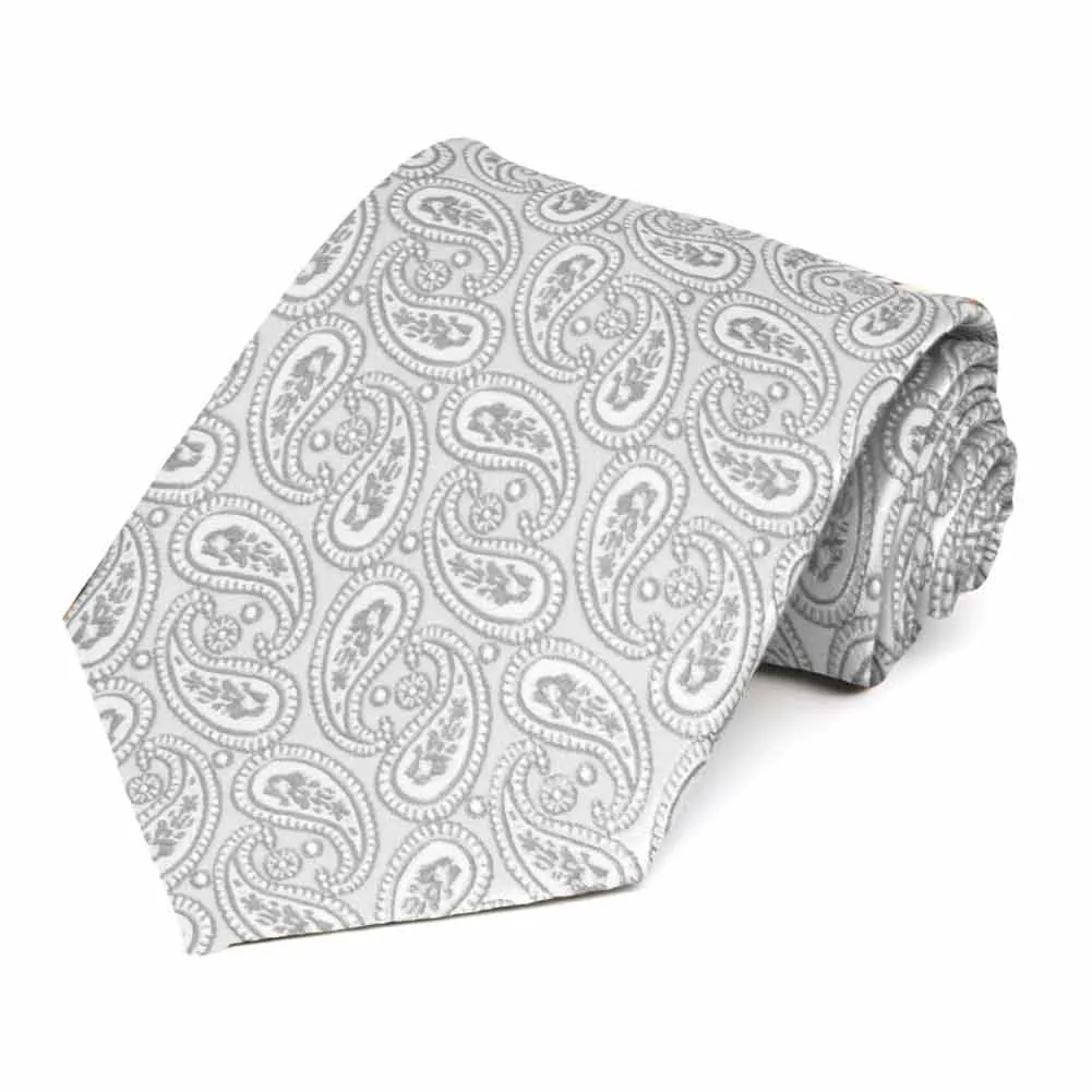 Pale Silver Darlene Paisley Extra Long Necktie
