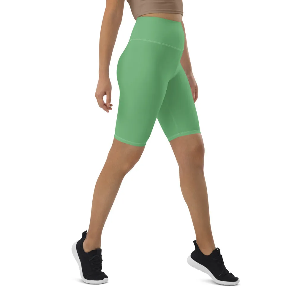 Pastel Green Women's Biker Shorts, Solid Color Green Cycling Workout Shorts-Made in EU/MX