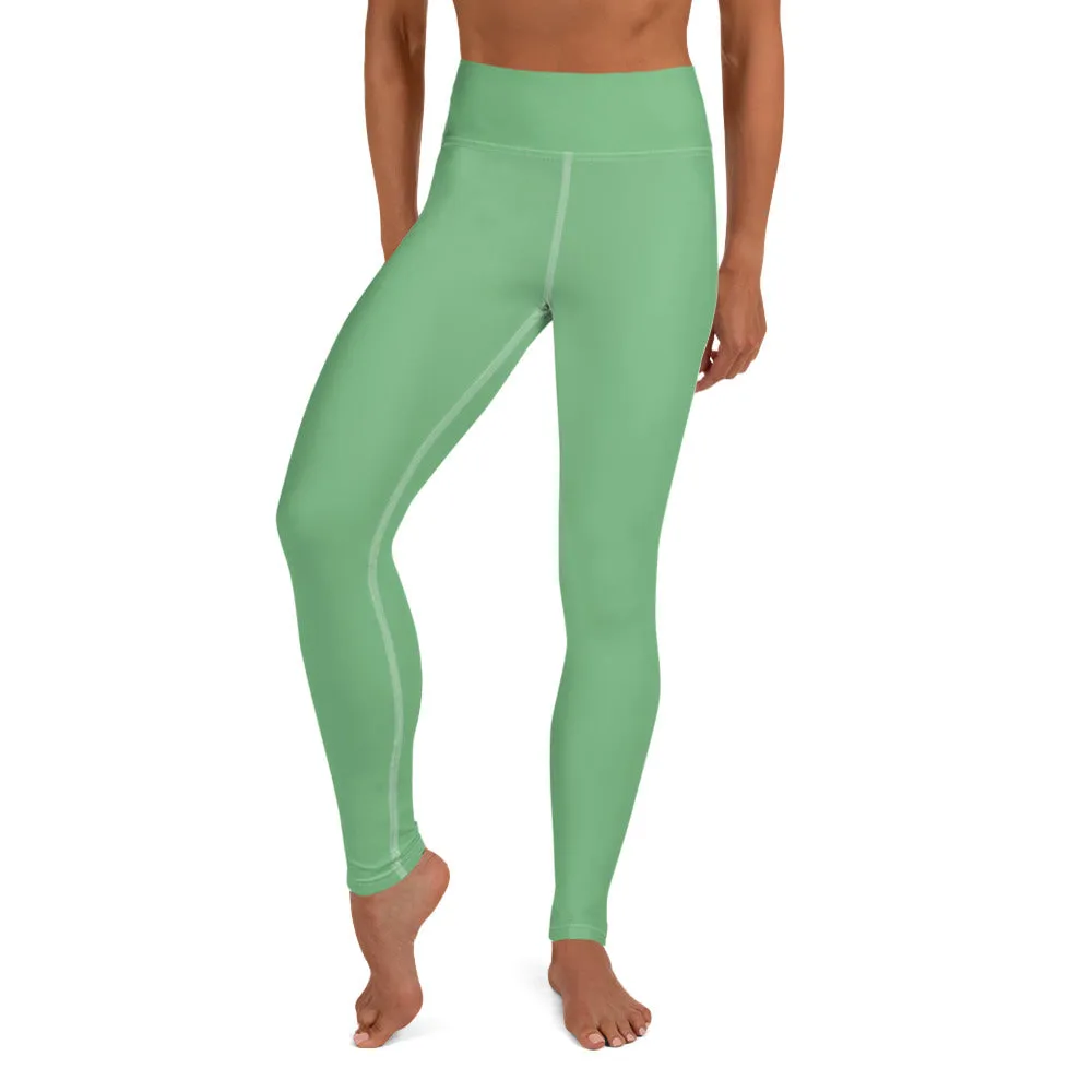 Pastel Green Women's Yoga Leggings, Solid Color Best Long Gym Tights-Made in USA/EU/MX