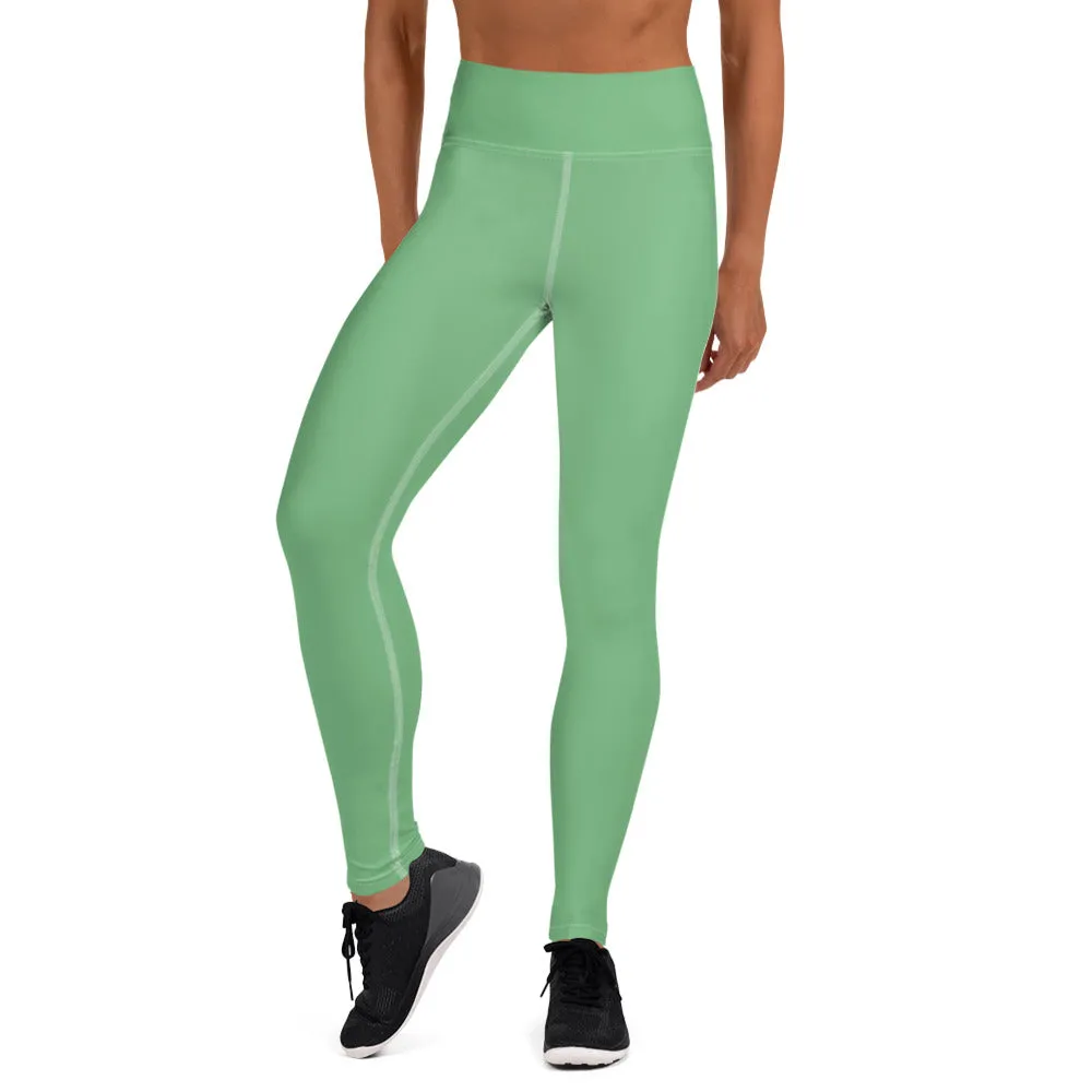 Pastel Green Women's Yoga Leggings, Solid Color Best Long Gym Tights-Made in USA/EU/MX