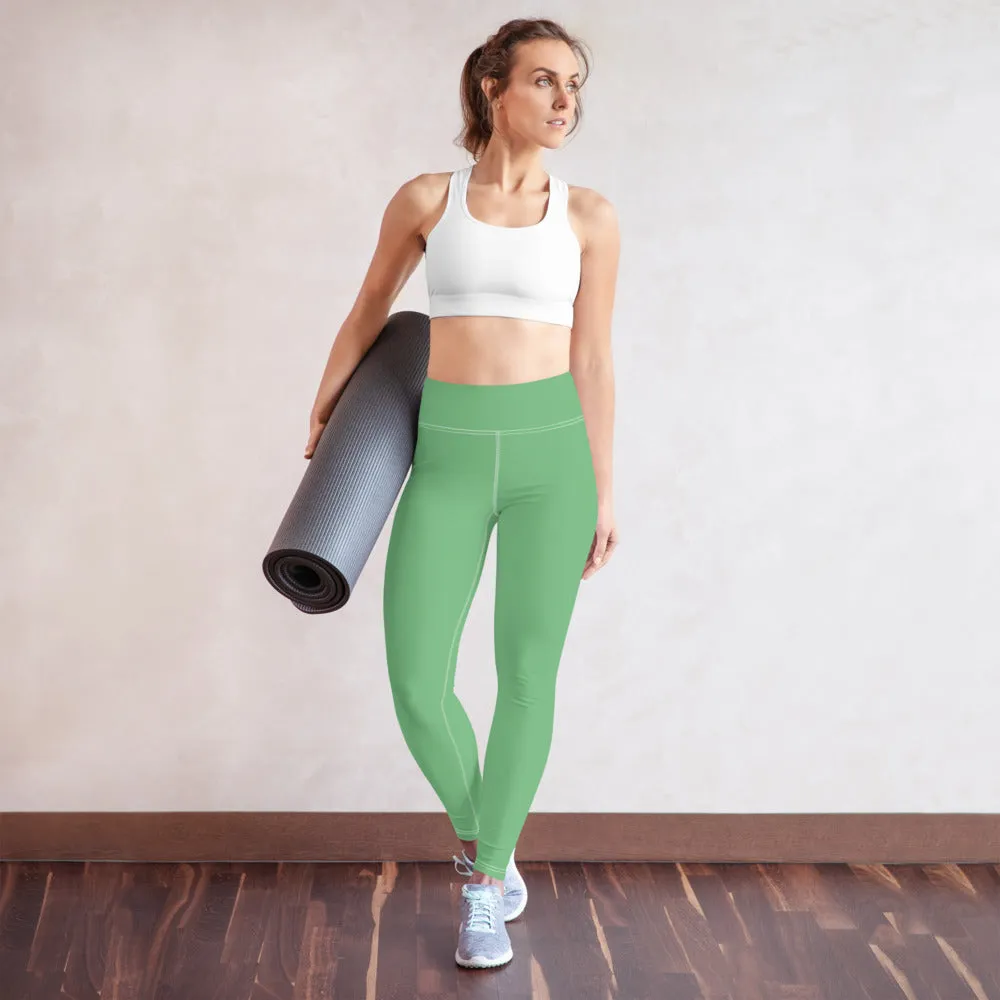 Pastel Green Women's Yoga Leggings, Solid Color Best Long Gym Tights-Made in USA/EU/MX