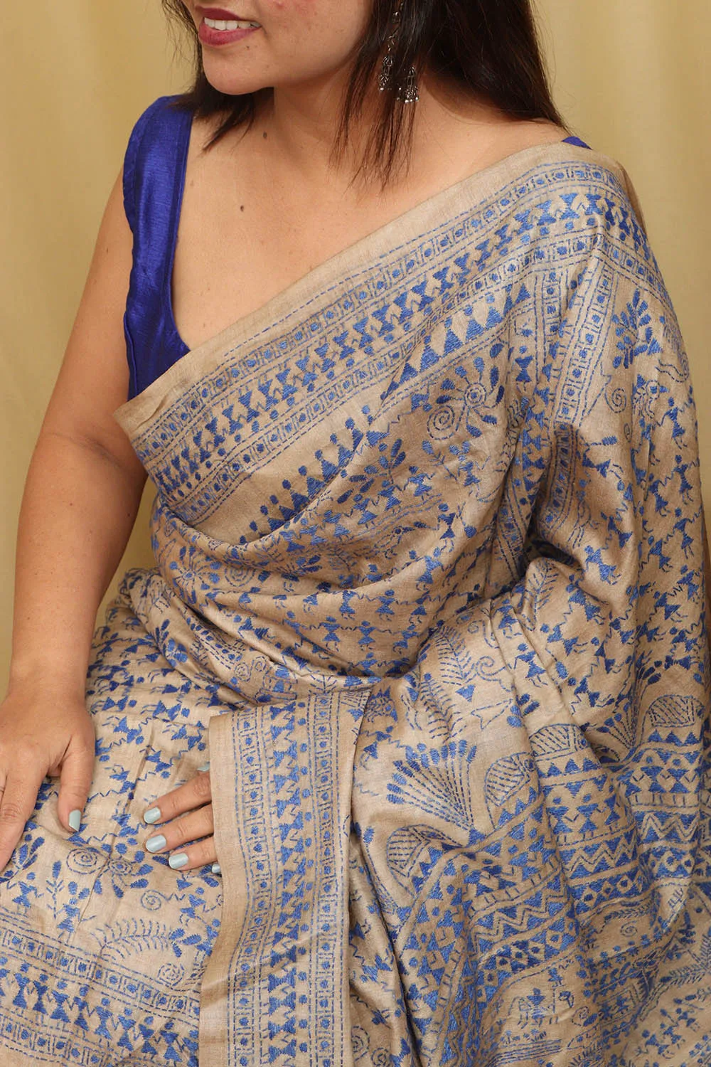 Pastel Kantha Hand Embroidered Gachi Tussar Silk Saree