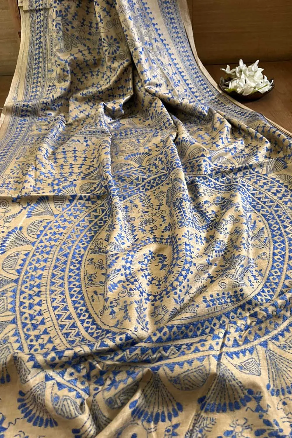 Pastel Kantha Hand Embroidered Gachi Tussar Silk Saree