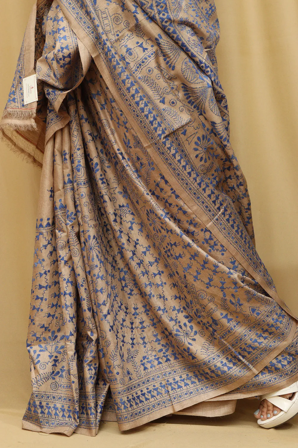 Pastel Kantha Hand Embroidered Gachi Tussar Silk Saree