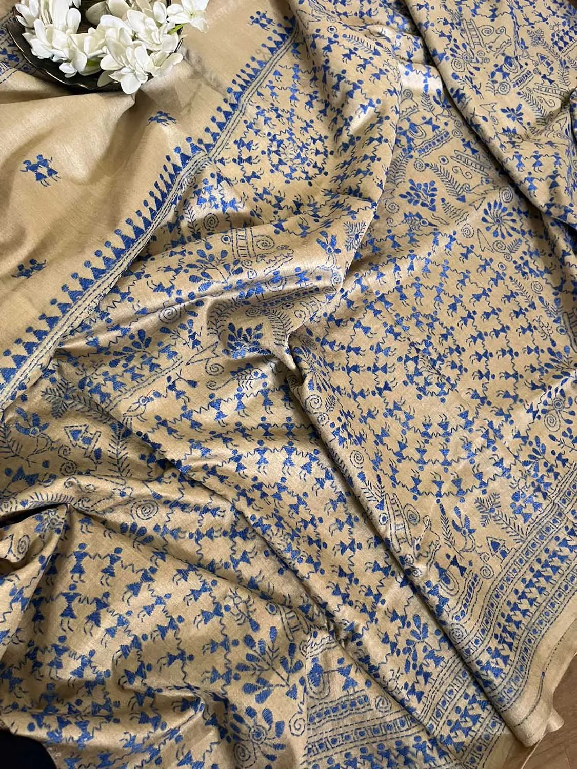 Pastel Kantha Hand Embroidered Gachi Tussar Silk Saree