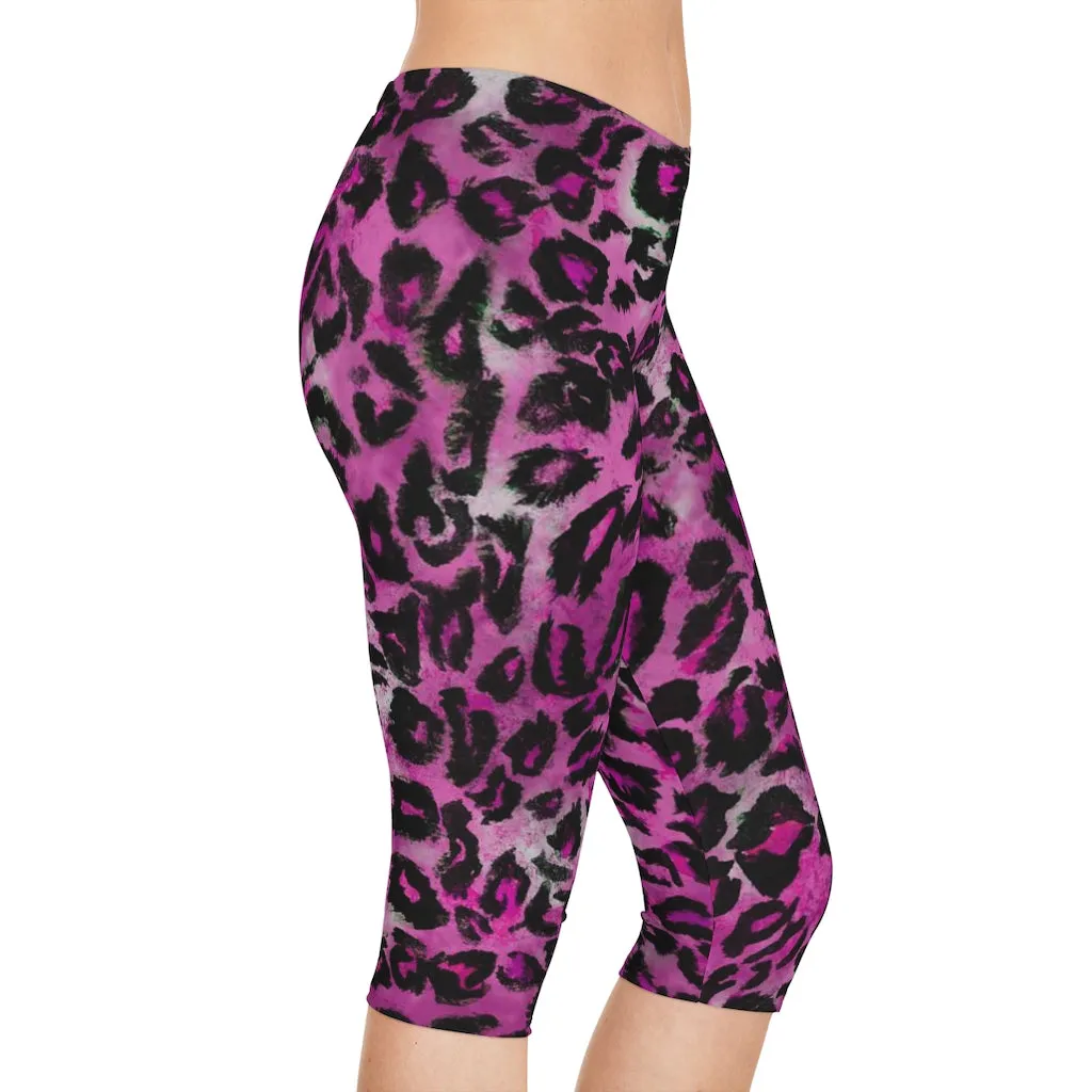 Pink Leopard Women's Capri Leggings, Pink Leopard Animal Print Knee-Length Polyester Capris Tights-Made in USA (US Size: XS-2XL)