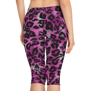 Pink Leopard Women's Capri Leggings, Pink Leopard Animal Print Knee-Length Polyester Capris Tights-Made in USA (US Size: XS-2XL)