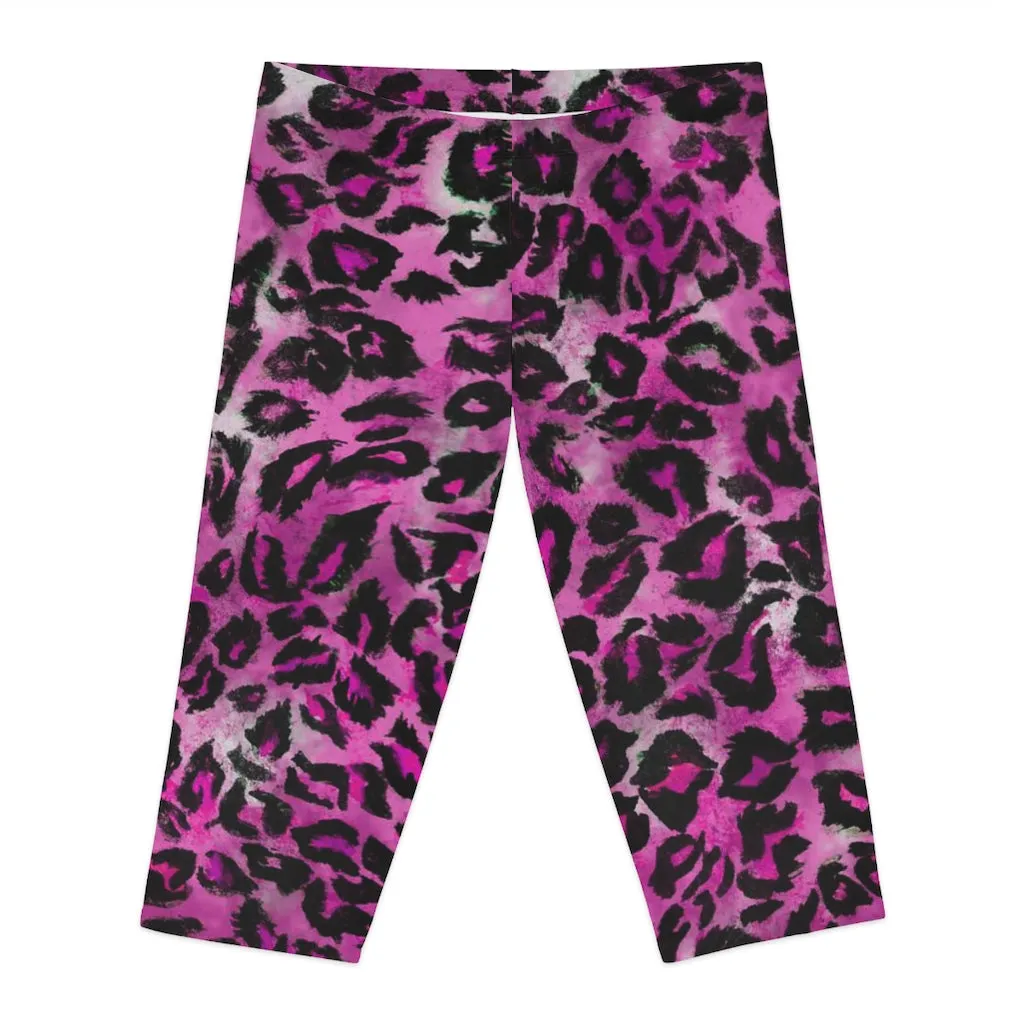 Pink Leopard Women's Capri Leggings, Pink Leopard Animal Print Knee-Length Polyester Capris Tights-Made in USA (US Size: XS-2XL)