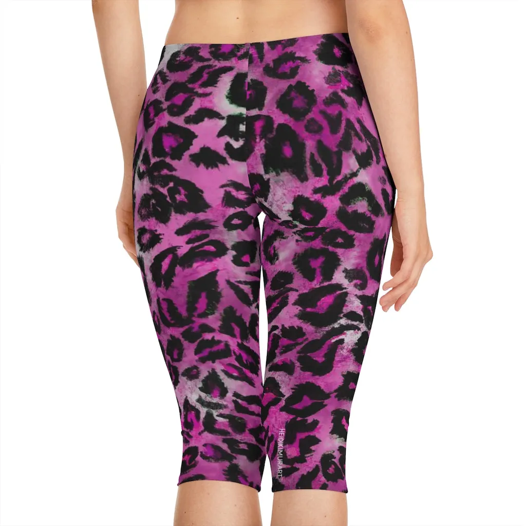 Pink Leopard Women's Capri Leggings, Pink Leopard Animal Print Knee-Length Polyester Capris Tights-Made in USA (US Size: XS-2XL)