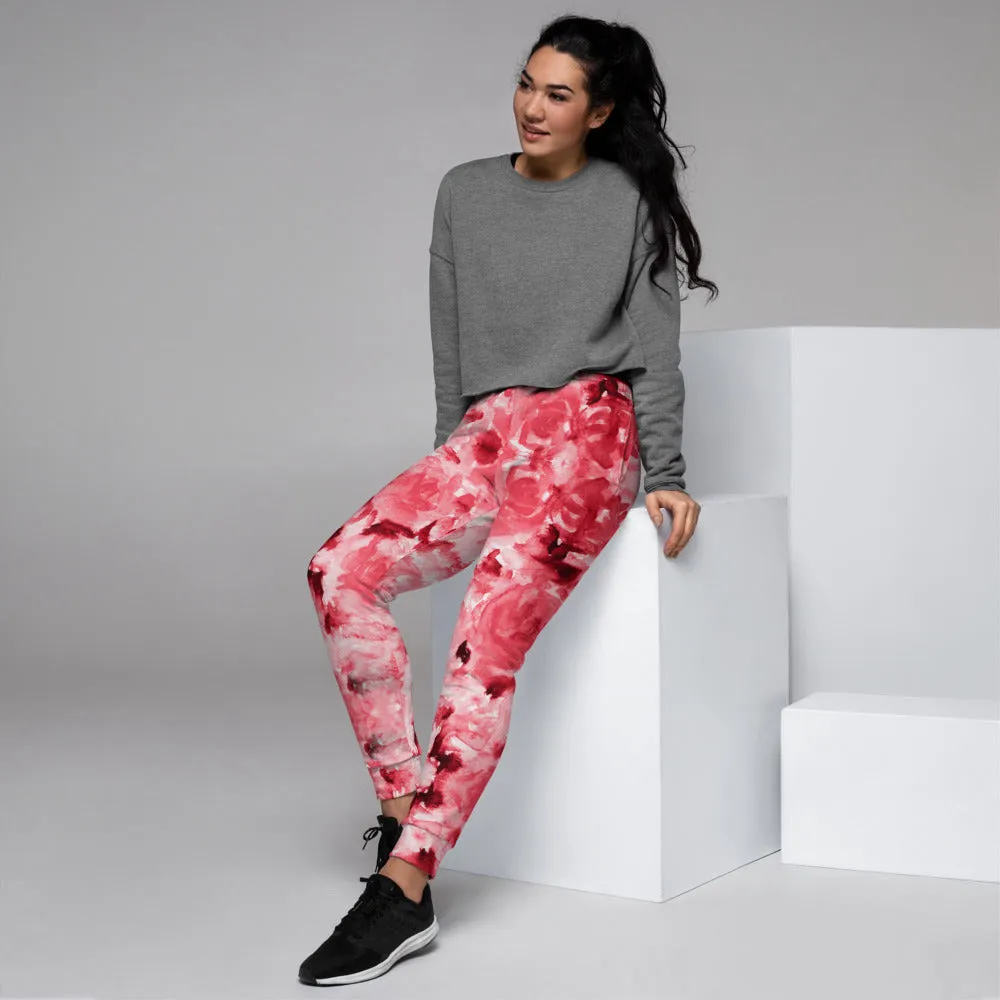 Red Abstract Women's Joggers, Luxury Best Floral Printed Ladies' Sweatpants-Made in EU/MX