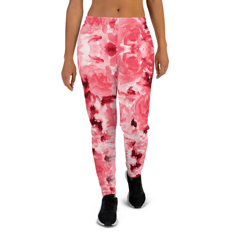 Red Abstract Women's Joggers, Luxury Best Floral Printed Ladies' Sweatpants-Made in EU/MX