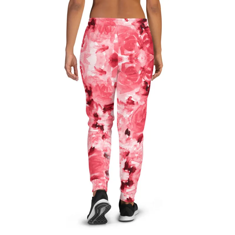 Red Abstract Women's Joggers, Luxury Best Floral Printed Ladies' Sweatpants-Made in EU/MX