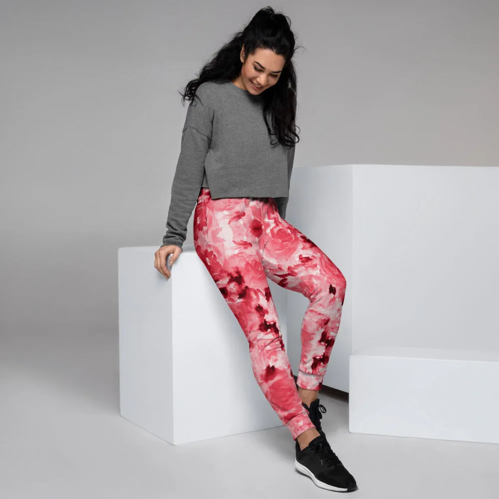 Red Abstract Women's Joggers, Luxury Best Floral Printed Ladies' Sweatpants-Made in EU/MX