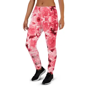 Red Abstract Women's Joggers, Luxury Best Floral Printed Ladies' Sweatpants-Made in EU/MX