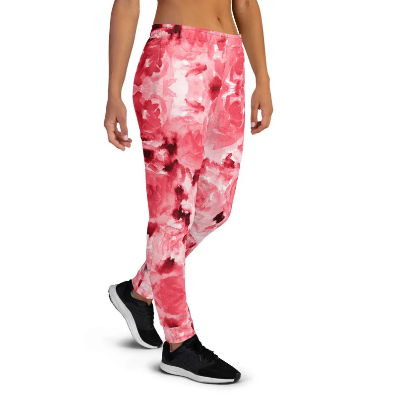 Red Abstract Women's Joggers, Luxury Best Floral Printed Ladies' Sweatpants-Made in EU/MX