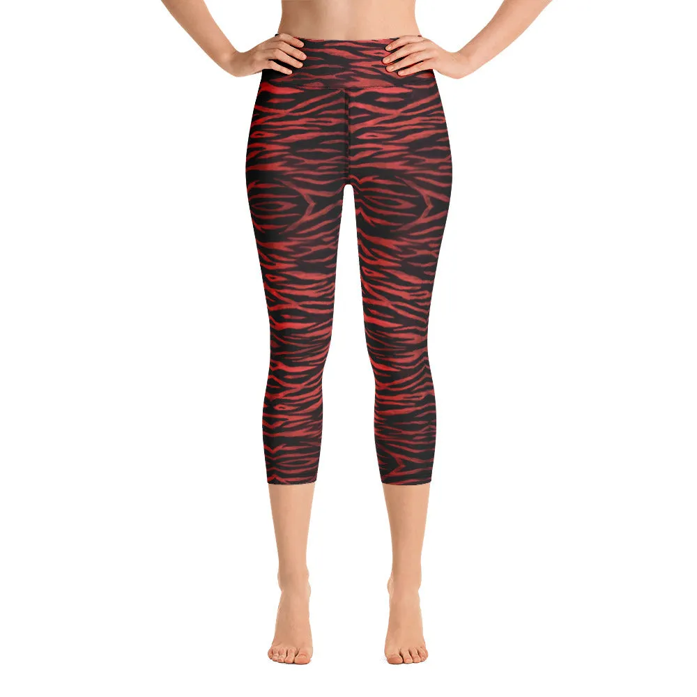 Red Tiger Yoga Capri Leggings, Bright Tiger Striped Animal Print Women's Capris Tights-Made in USA/EU