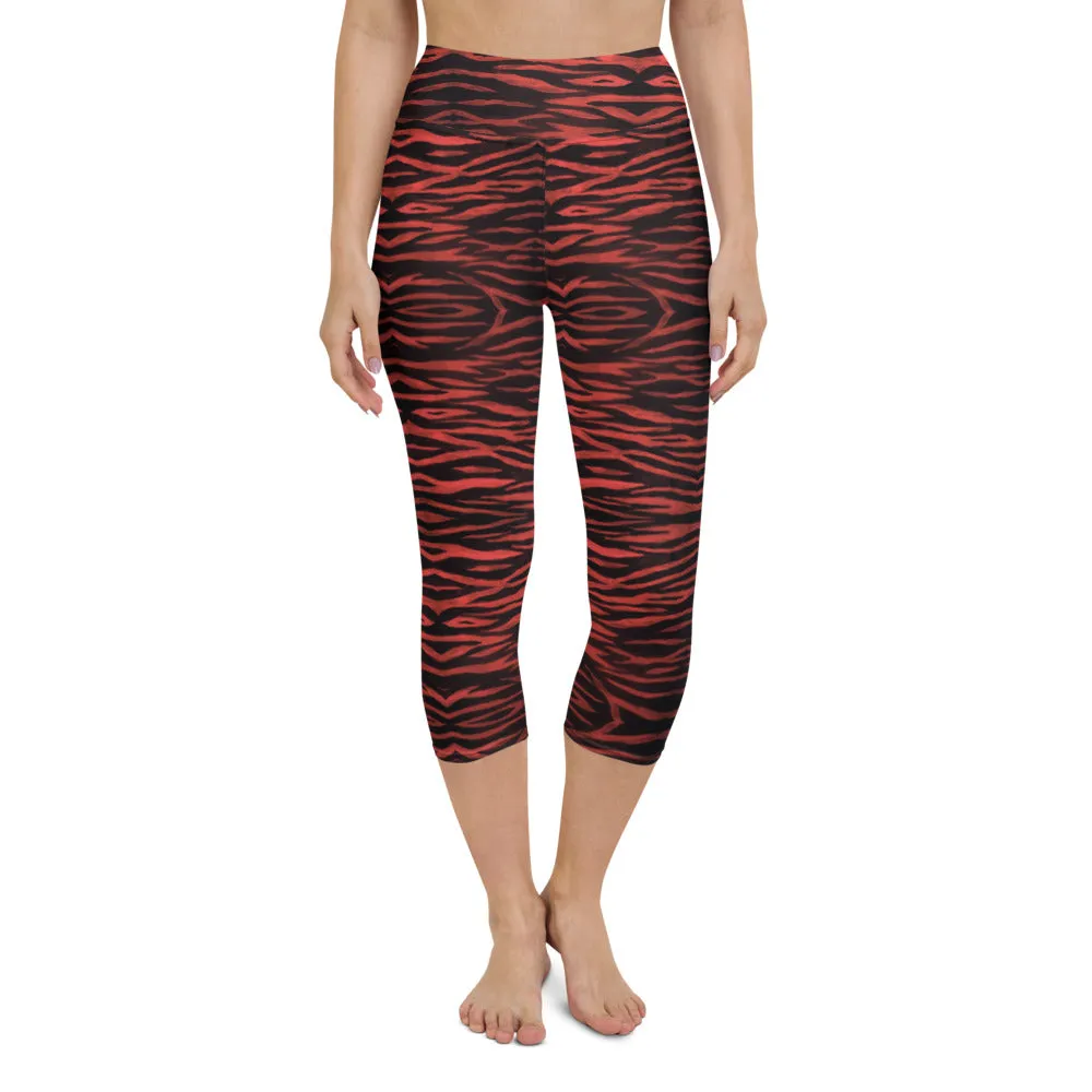 Red Tiger Yoga Capri Leggings, Bright Tiger Striped Animal Print Women's Capris Tights-Made in USA/EU