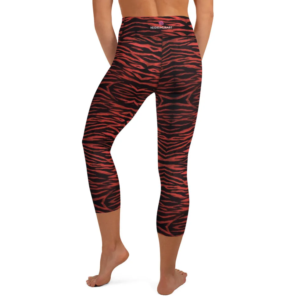 Red Tiger Yoga Capri Leggings, Bright Tiger Striped Animal Print Women's Capris Tights-Made in USA/EU