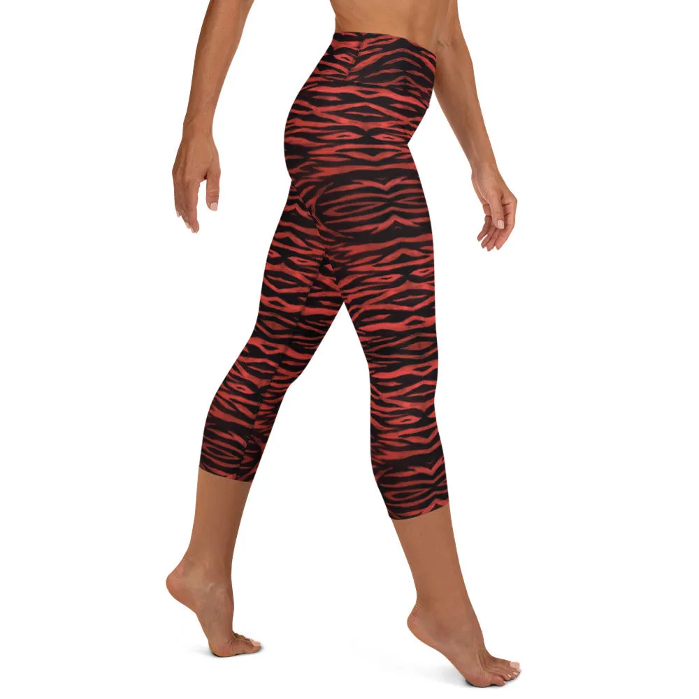 Red Tiger Yoga Capri Leggings, Bright Tiger Striped Animal Print Women's Capris Tights-Made in USA/EU