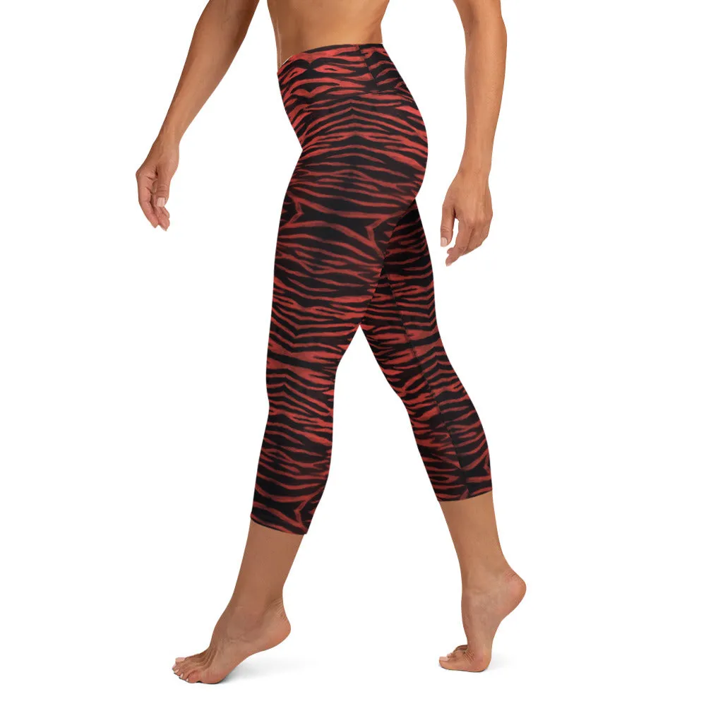 Red Tiger Yoga Capri Leggings, Bright Tiger Striped Animal Print Women's Capris Tights-Made in USA/EU