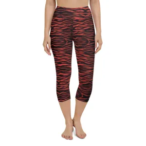 Red Tiger Yoga Capri Leggings, Bright Tiger Striped Animal Print Women's Capris Tights-Made in USA/EU