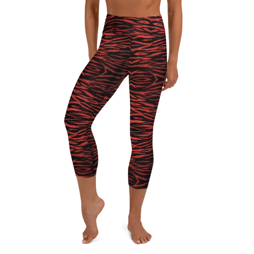 Red Tiger Yoga Capri Leggings, Bright Tiger Striped Animal Print Women's Capris Tights-Made in USA/EU