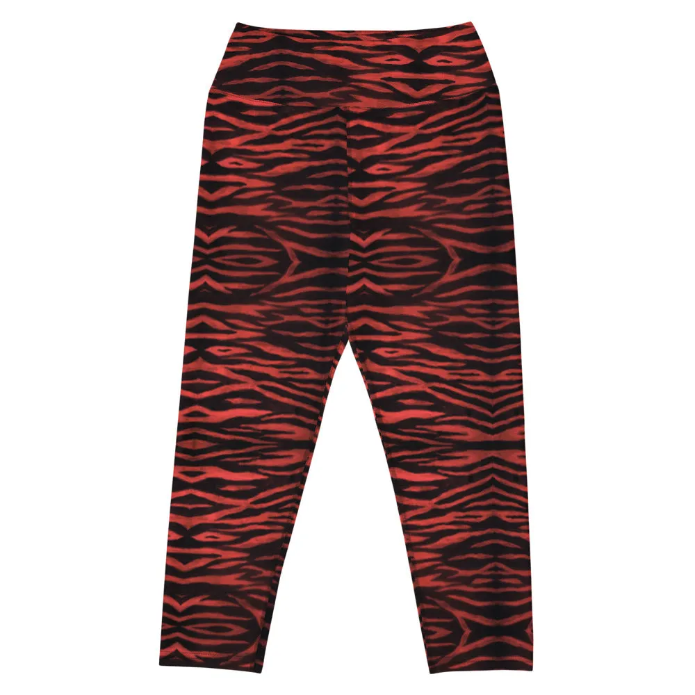 Red Tiger Yoga Capri Leggings, Bright Tiger Striped Animal Print Women's Capris Tights-Made in USA/EU